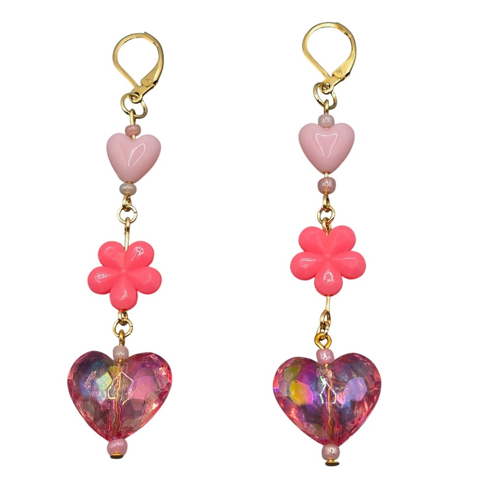 Handmade Earrings Gold Tone Pink Floral Heart Drop Dangle Leverback Kidcore - Picture 6 of 8